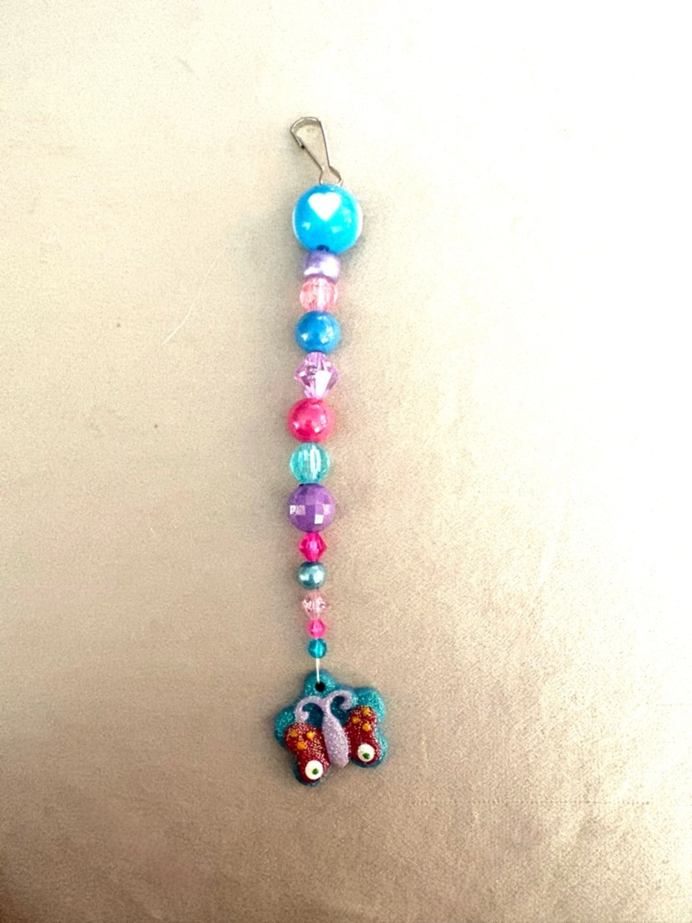 Handmade Colorful Beaded Keychain with Butterfly Charm - Pink Blue Purple. New.